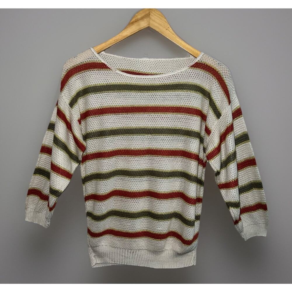Vtg 70s 80s Striped Sweater Metallic Thread Fine Knit - Cream Olive Rust -Sz S/M